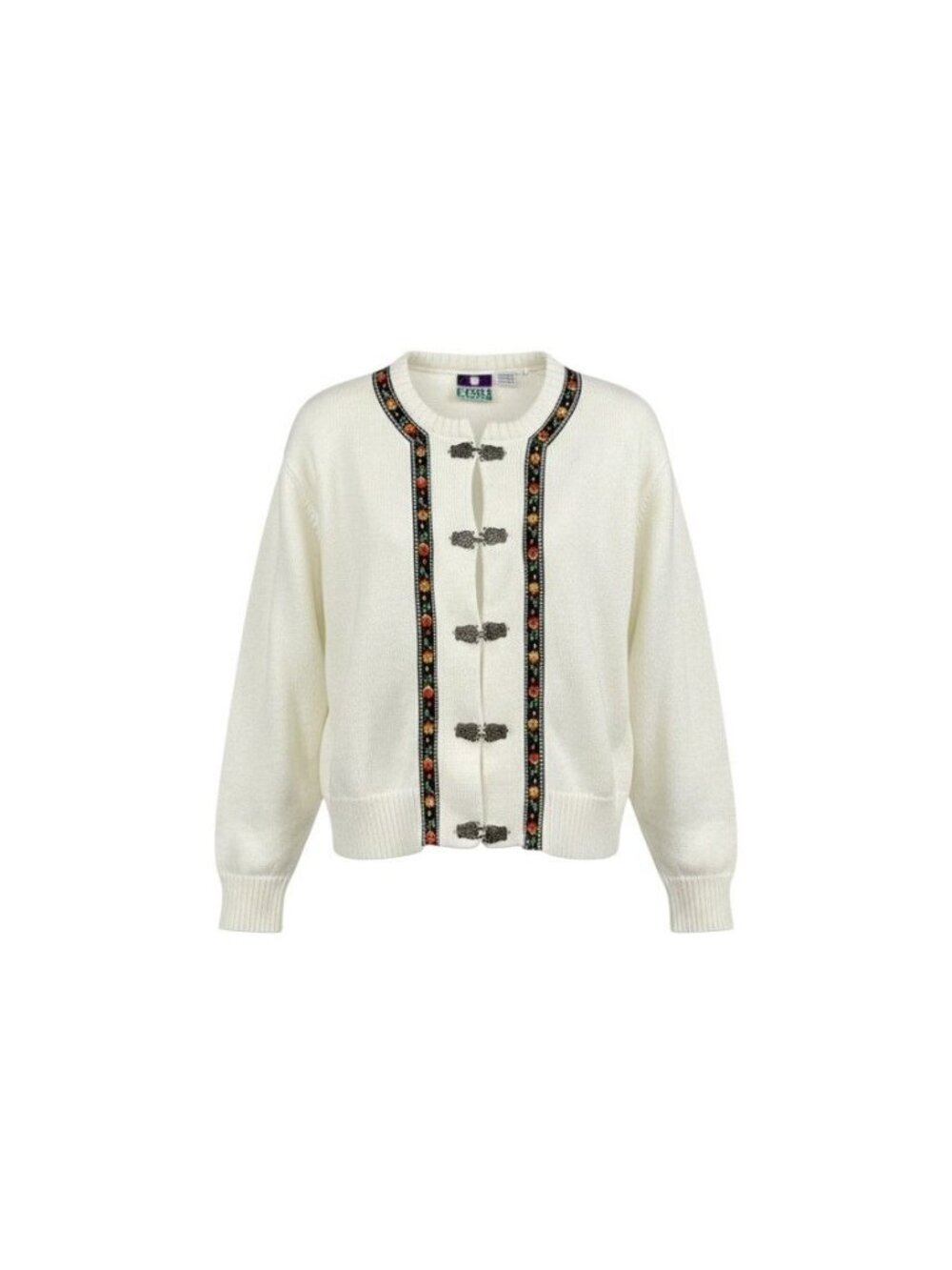 Embroidered Hook Closure White Cardigan With Floral Trim & Ribbed Hem - Size L